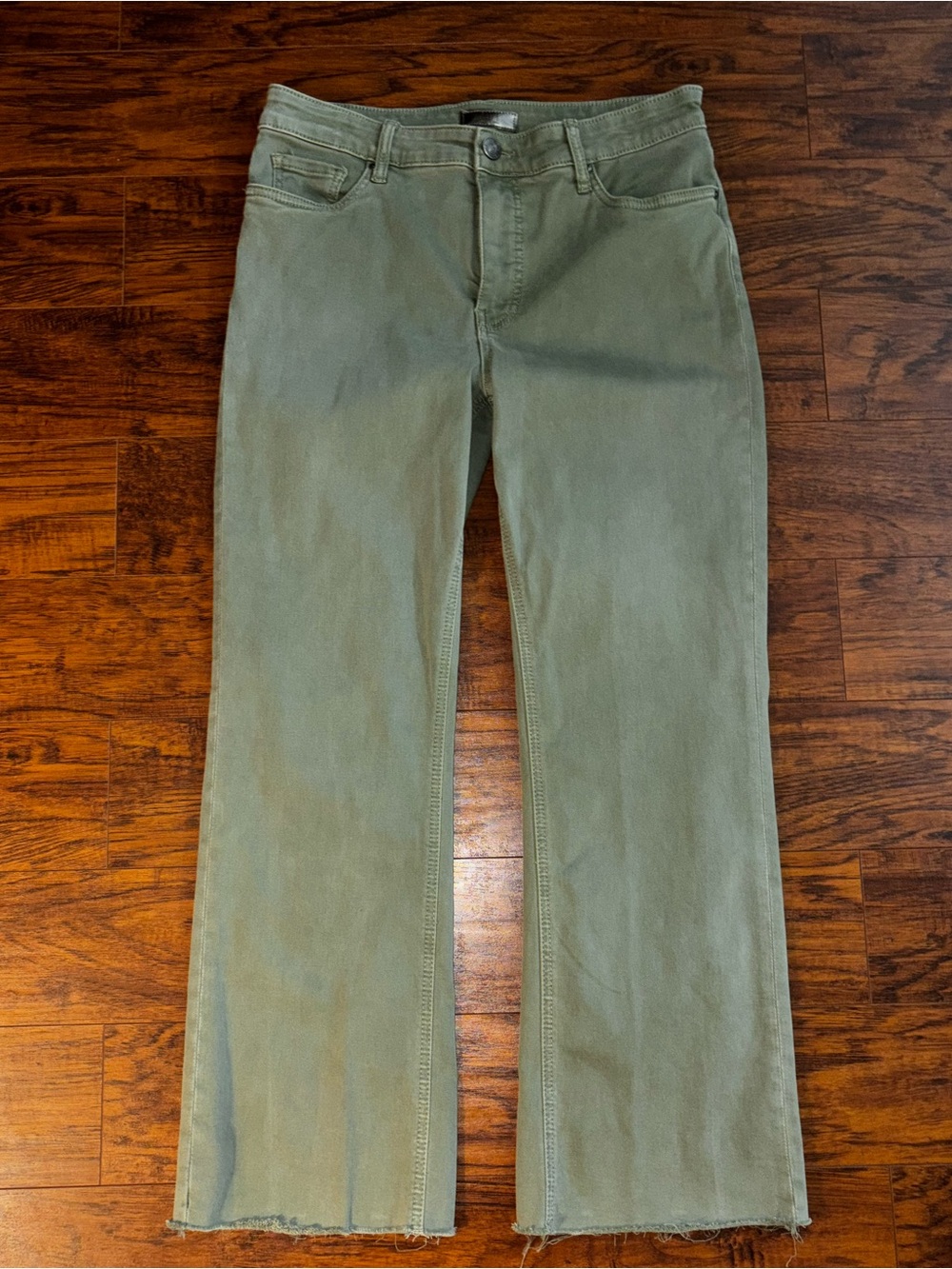 Kut from the Kloth Kelsey Fab Ab Ankle Flare Jeans Sage Green High-Rise Raw Hem